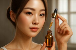 韓国の女性がインナービューティー美容液を手に持ち、肌に優しくアプローチする様子。透明感のある素肌と黄金色のエッセンスが内側からの美を象徴する。