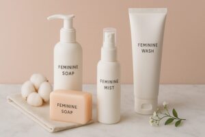 白い大理石の上に並べられた韓国のデリケートゾーンケア製品。フェミニンソープ、ミスト、エッセンス、ウォッシュが上品に配置され、背景はやさしいピンクベージュ。綿や小花が清潔感とやわらかさを演出している。