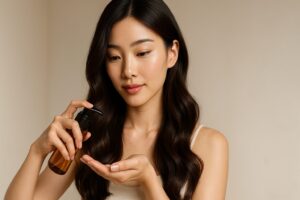 清潔感のあるスタジオで、韓国の若い女性がスタイリング剤（ヘアオイルやワックス）を髪に馴染ませているシーン。セミロング〜ロングの髪を軽く巻いた自然なヘアスタイルで、光沢のある髪が美しく輝く。背景はやわらかなベージュ系で、全体的にナチュラルで洗練された印象。