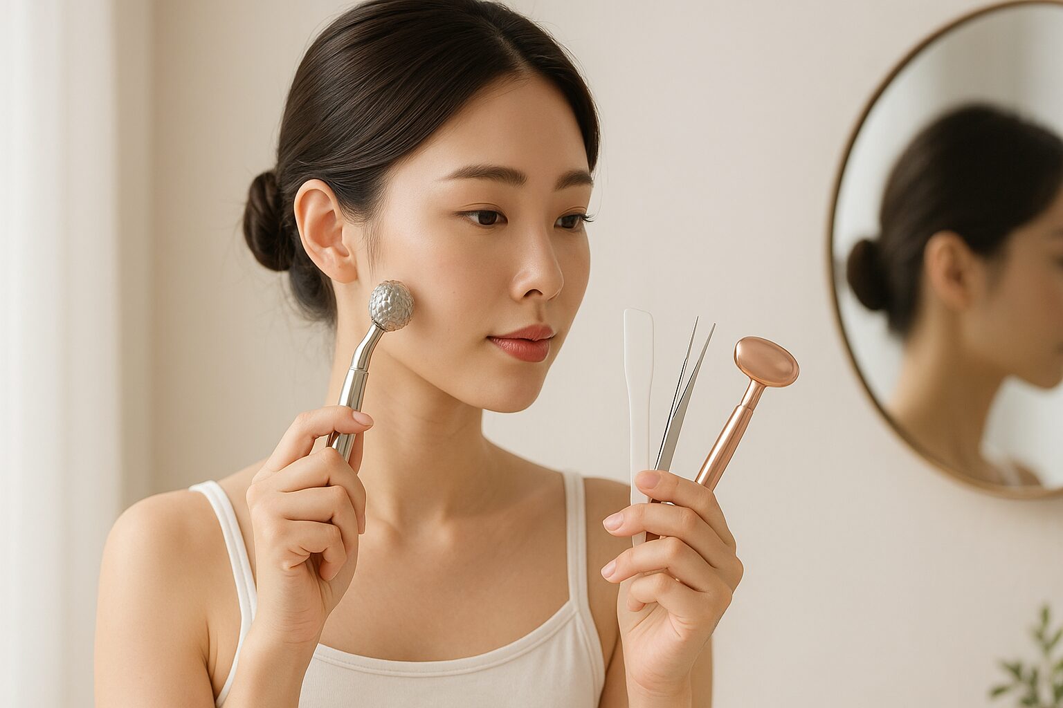 清潔感のある空間で、韓国の若い女性が美容ツールを使用しているシーン。片手にローラーやフェイスマッサージャー、スパチュラ、ピンセットなどの美容アクセサリーを持ち、鏡の前で丁寧に肌ケアを行う様子。背景は淡いベージュやホワイト系。全体にナチュラルで上質な印象。髪はまとめ髪か自然なストレート。