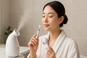 スタイリッシュな洗面空間で、韓国の若い女性が最新の美容家電（スキンケアスチーマーやフェイシャルガン、LEDマスク、ヘアドライヤーなど）を使用している様子。表情はリラックスしており、美容家電の使用シーンが自然に伝わる構図。光はナチュラルでやわらかく、背景はミニマルなホワイトまたは淡いグレージュ。