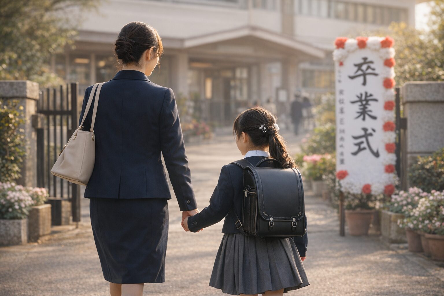 日本の小学校の卒業式へ向かう母親と小学生の親子（後ろ姿）のイメージ