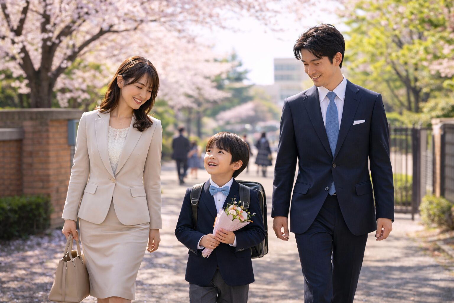 入学式へ向かう家族（桜並木を歩く親子）のイメージ