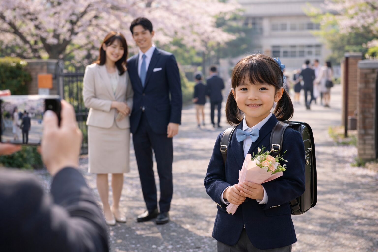 入学式の記念撮影で家族がスマホ撮影するイメージ（髪型チェック）