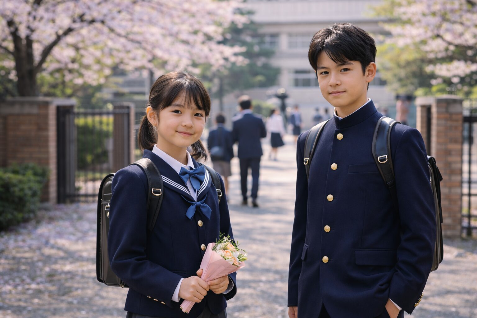 中学校入学式の制服を着た男女（桜の下で記念撮影）のイメージ