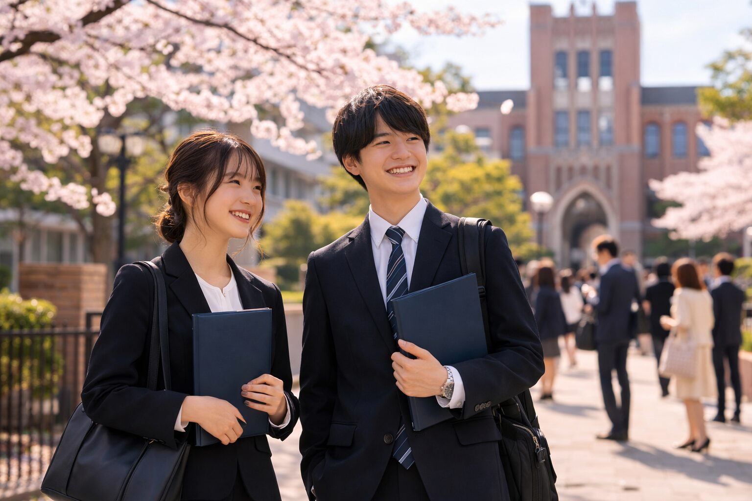 大学入学式のスーツ姿の新入生（男女）がキャンパスで記念撮影するイメージ