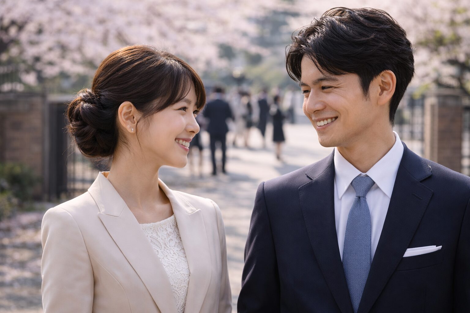 入学式の保護者（母親と父親）のスーツ姿と清潔感ヘアのイメージ