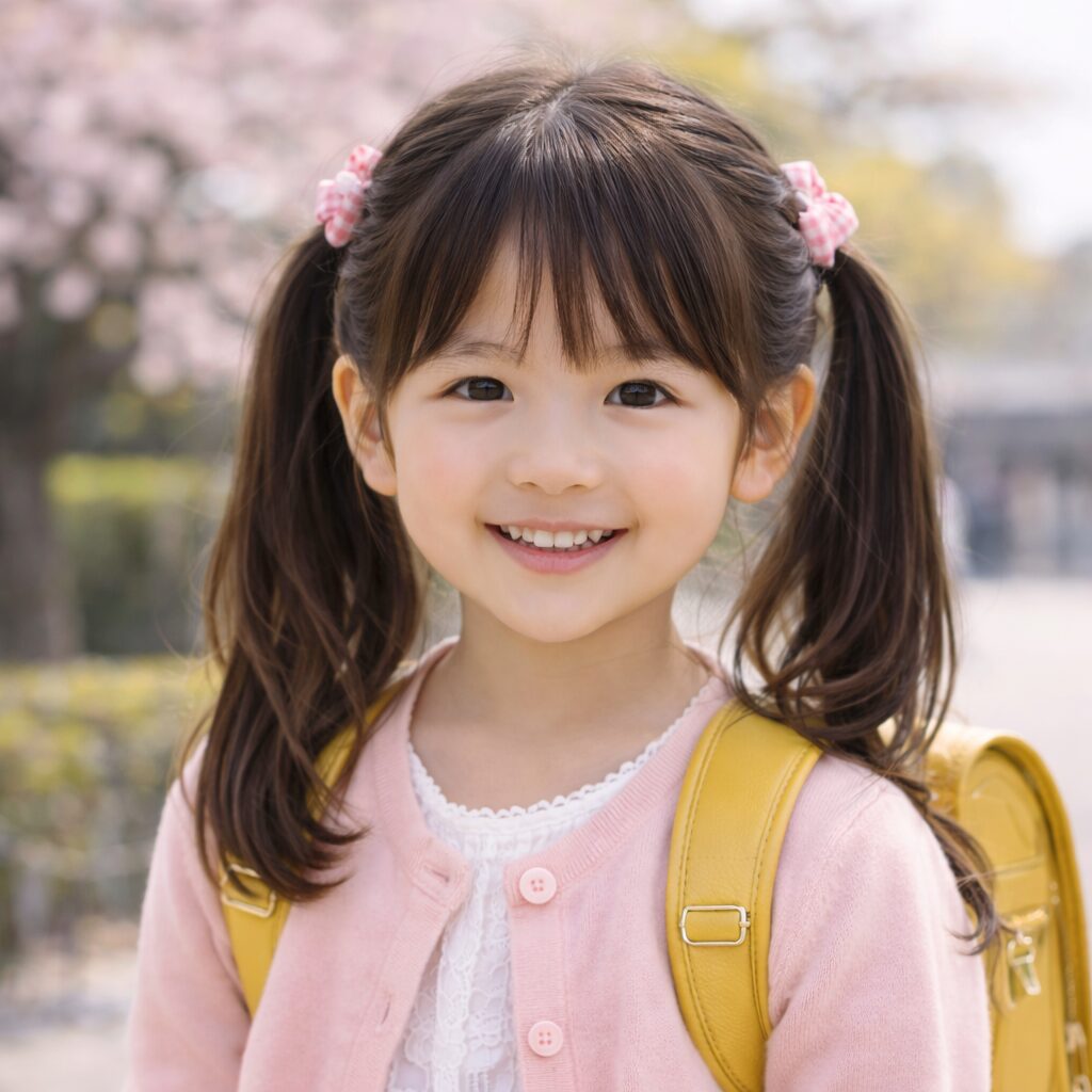 入園式の髪型ロング 二つ結びの幼稚園児ヘアスタイル