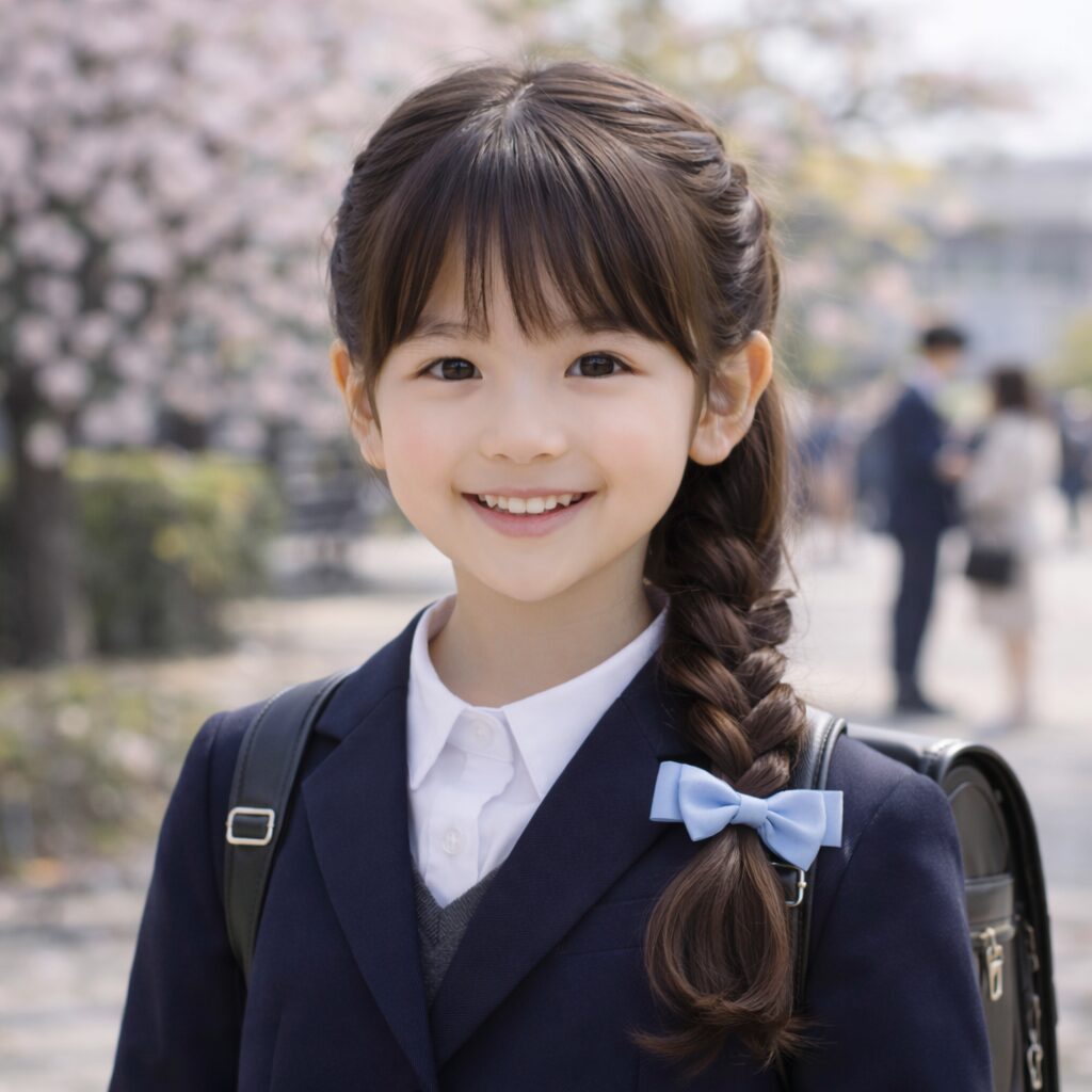小学校入学式の髪型ロング 低めポニーテールの女の子ヘア